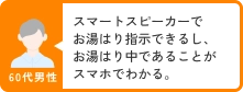 60代男性 スマートスピーカーでお湯はり指示できるし、お湯はり中であることがスマホでわかる。